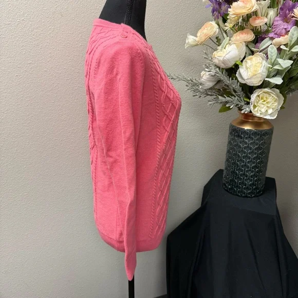 Talbots Petite Pink Cable Knit Sweater L/P Button Shoulder Classic Cozy - Picture 4 of 7